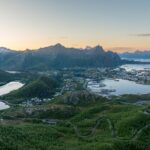View from the top of Tjeldbergtinden overlooking the town of Svolvær.
