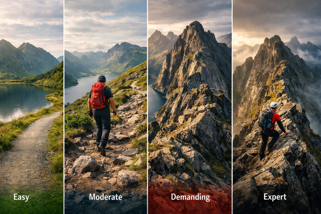 Hiking difficulty levels in Lofoten from easy to expert shown with different terrain from flat trails to steep mountain ridges
