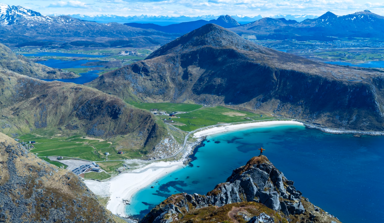 Scenic Overlook of Haukland and Vik Beaches from Veggen Hike in Lofoten
