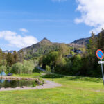 View from Sommartjønna pond in Svolvær with Tuva mountain peak in the background.
