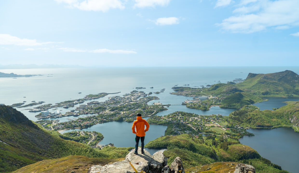 View from Tuva (477 m). Overlooking Svolvær and the Sea in Lofoten.