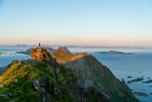 Golden Hour on Blåtinden – Panoramic View of Lofoten Mountains and Islands