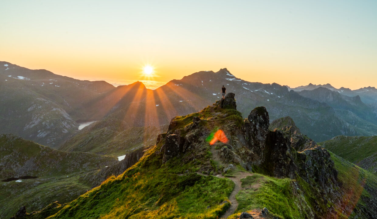 Sunset from Blåtinden Ridge – Midnight Sun over Lofoten Mountains