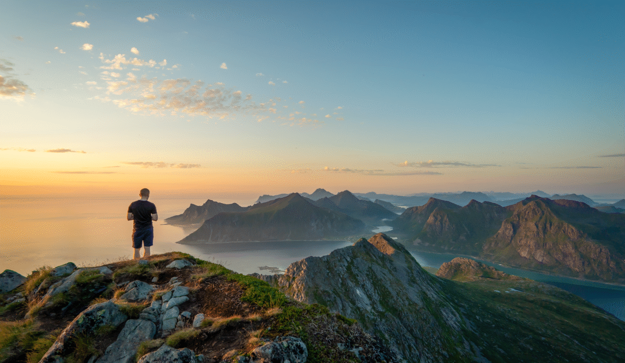 Sunset View from Moltinden Summit – Lofoten Mountains Panorama