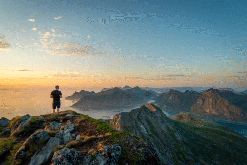 Sunset View from Moltinden Summit – Lofoten Mountains Panorama